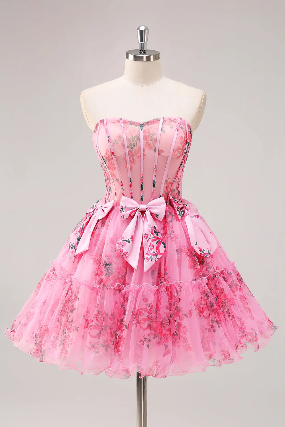 Fuchsia A-Line Floral Strapless Corset Tulle Homecoming Dress with Bows sold by Zapaka