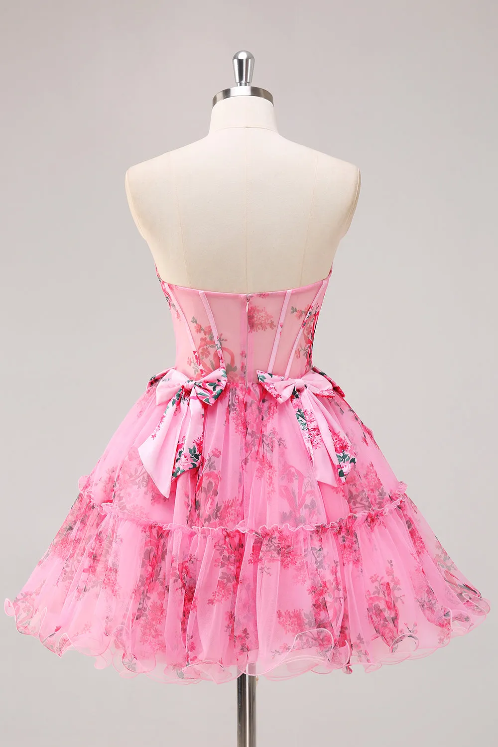 Fuchsia A-Line Floral Strapless Corset Tulle Homecoming Dress with Bows sold by Zapaka product image thumbnail 2