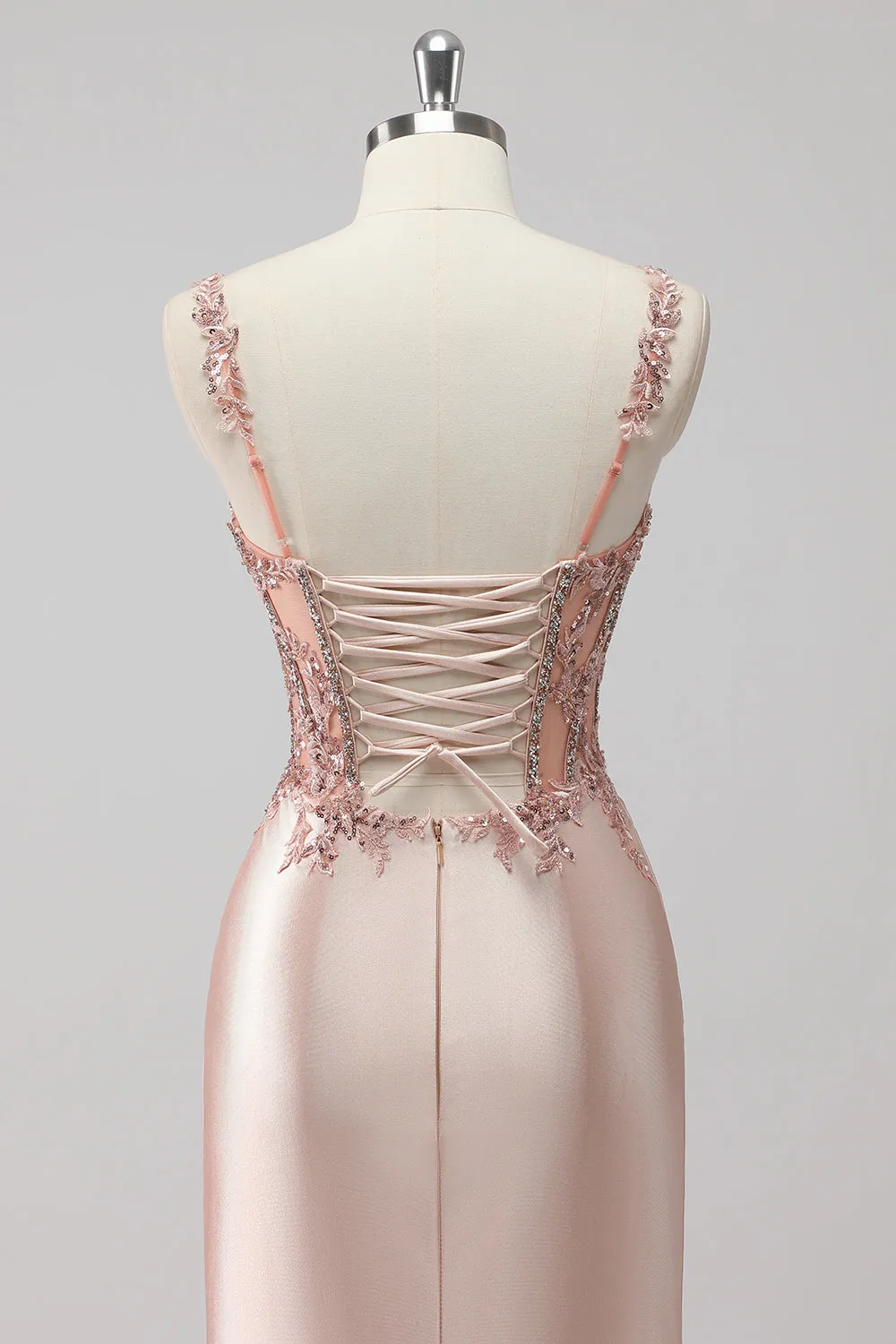 Blush Satin Mermaid Sequin Ruched Long Prom Dress with Slit sold by Zapaka product image thumbnail 5