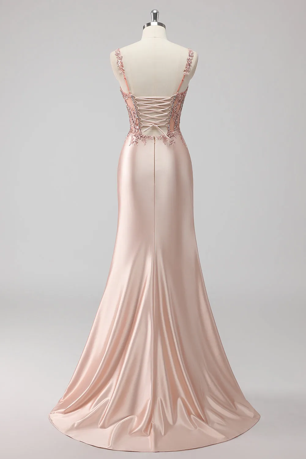Blush Satin Mermaid Sequin Ruched Long Prom Dress with Slit sold by Zapaka product image thumbnail 2