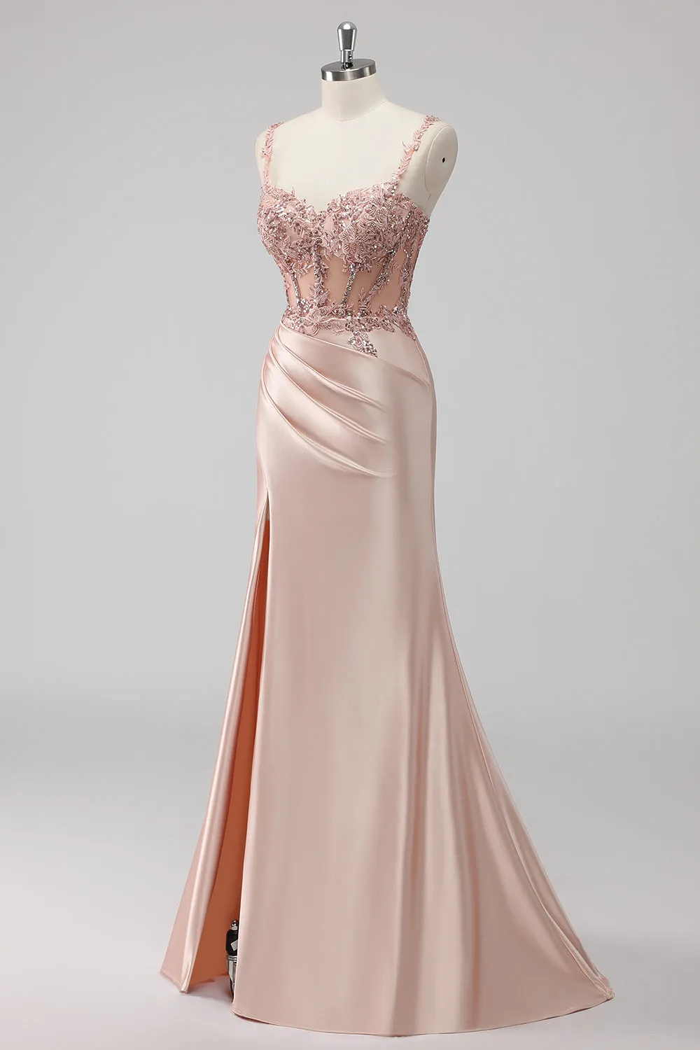 Blush Satin Mermaid Sequin Ruched Long Prom Dress with Slit sold by Zapaka product image thumbnail 3