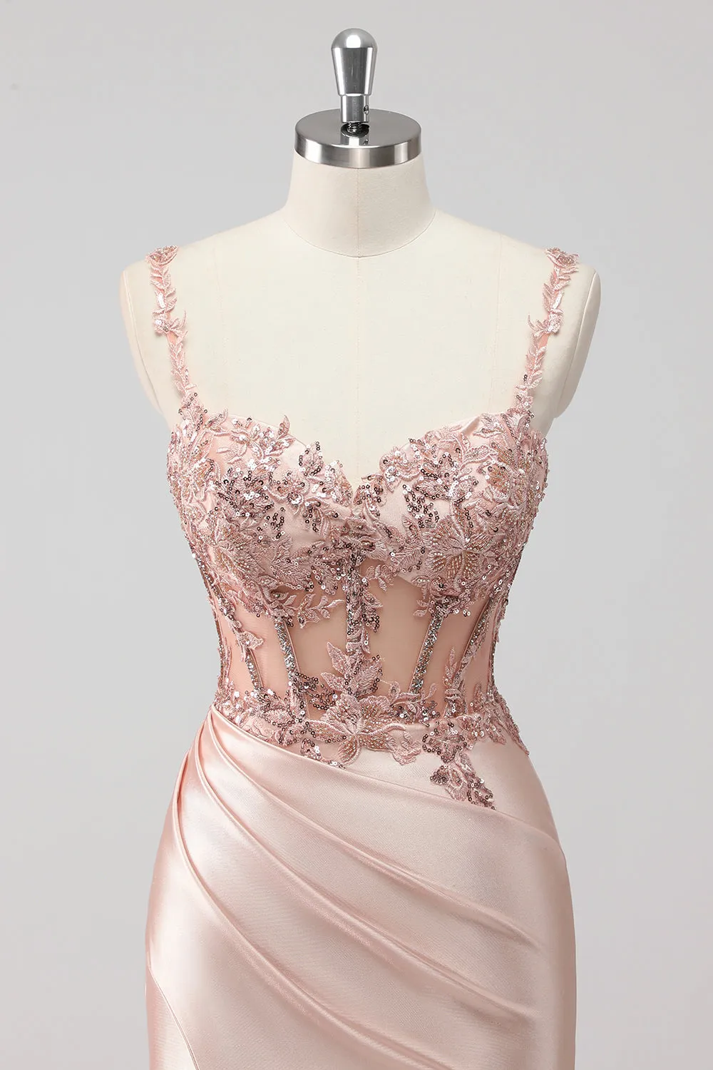 Blush Satin Mermaid Sequin Ruched Long Prom Dress with Slit sold by Zapaka product image thumbnail 4
