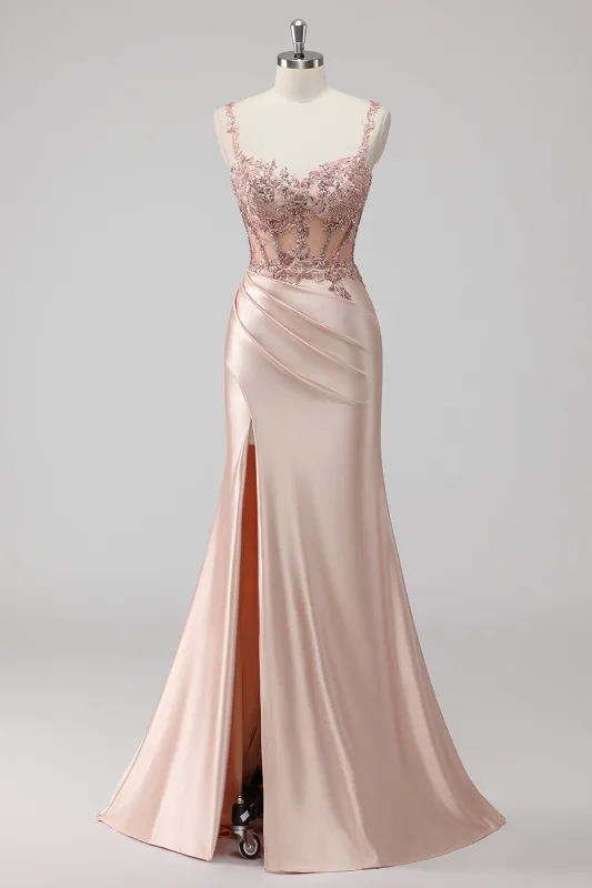Blush Satin Mermaid Sequin Ruched Long Prom Dress with Slit sold by Zapaka