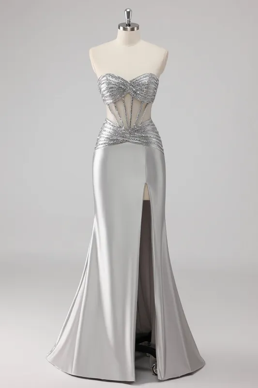 Grey Beaded Strapless Satin Mermaid Long Prom Dress with Slit sold by Zapaka