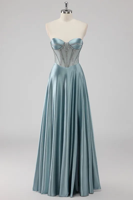 Grey Blue A-Line Strapless Corset Satin Long Prom Dress with Beading sold by Zapaka