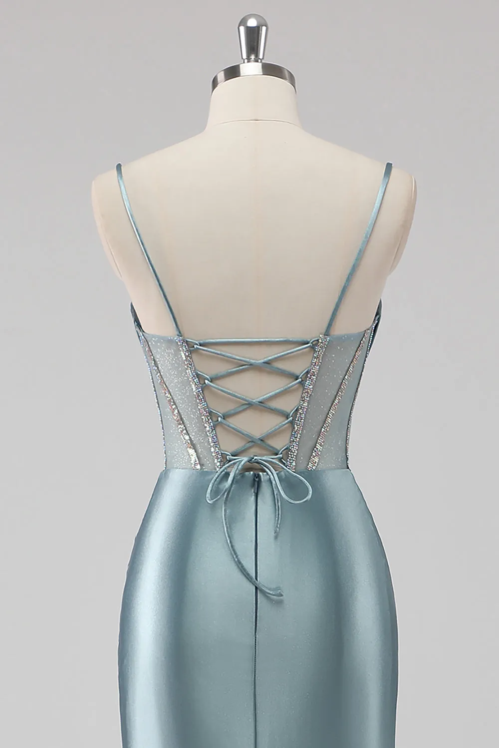 Sparkly Grey Blue Sheath Spaghetti Straps Corset Beading Long Prom Dress with Slit sold by Zapaka product image thumbnail 5