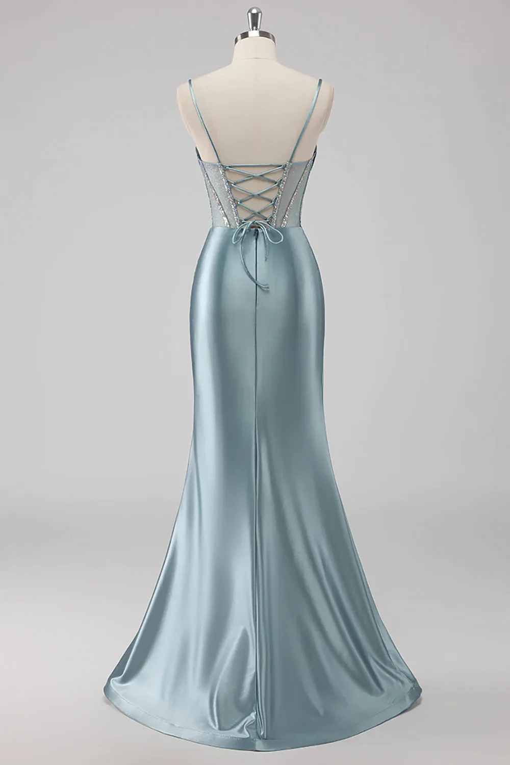 Sparkly Grey Blue Sheath Spaghetti Straps Corset Beading Long Prom Dress with Slit sold by Zapaka product image thumbnail 2