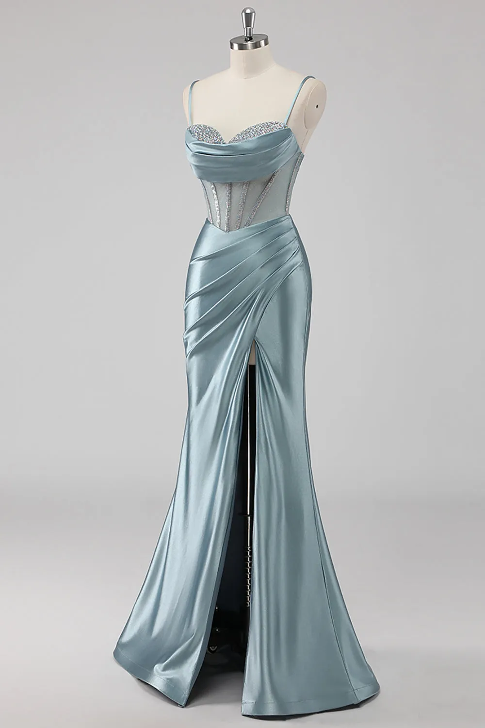 Sparkly Grey Blue Sheath Spaghetti Straps Corset Beading Long Prom Dress with Slit sold by Zapaka product image thumbnail 3