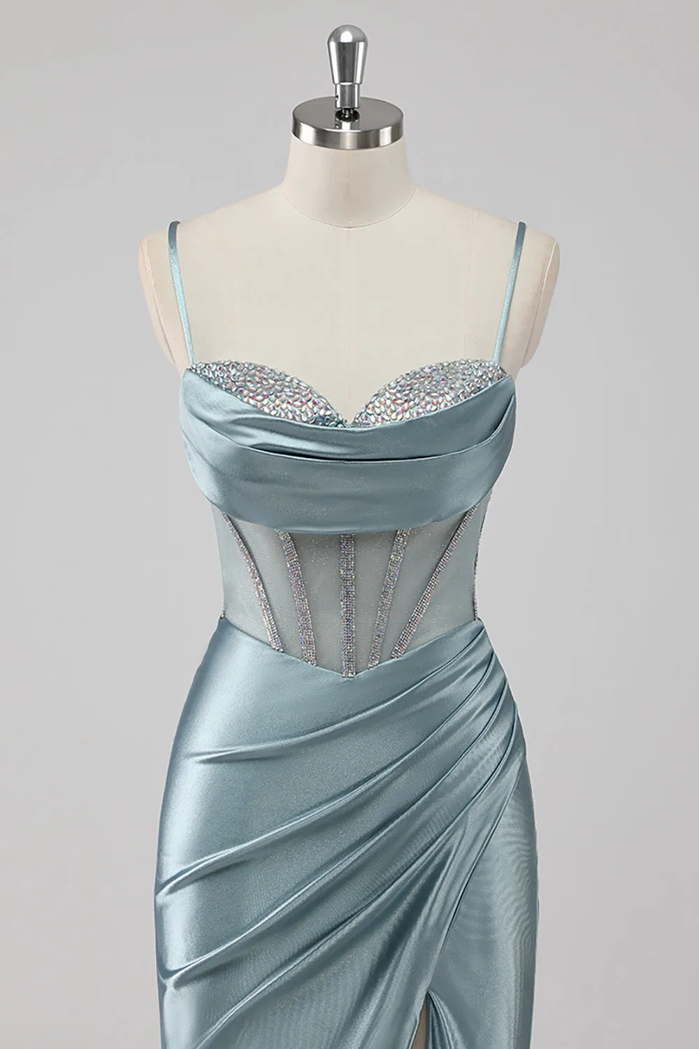 Sparkly Grey Blue Sheath Spaghetti Straps Corset Beading Long Prom Dress with Slit sold by Zapaka product image thumbnail 4