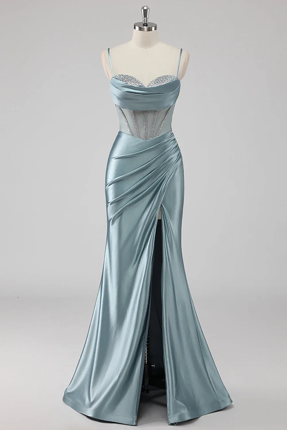 Sparkly Grey Blue Sheath Spaghetti Straps Corset Beading Long Prom Dress with Slit sold by Zapaka