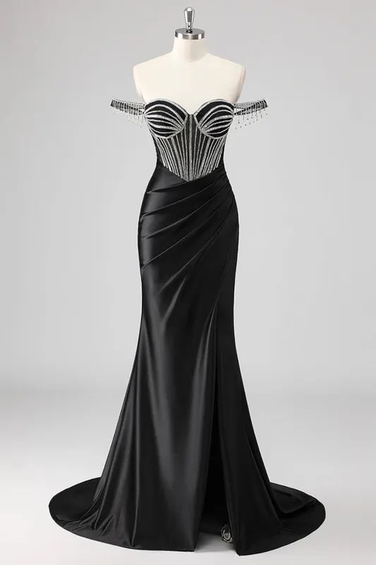 Sparkly Black Mermaid Off the Shoulder Beaded Long Prom Dress with Slit sold by Zapaka