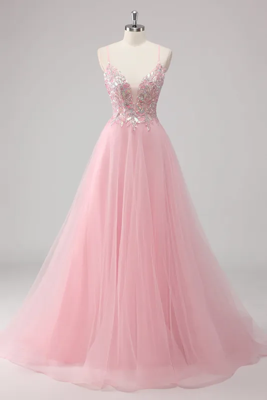 Pink A-Line Spaghetti Straps Tulle Long Prom Dress with Sequined Appliques sold by Zapaka