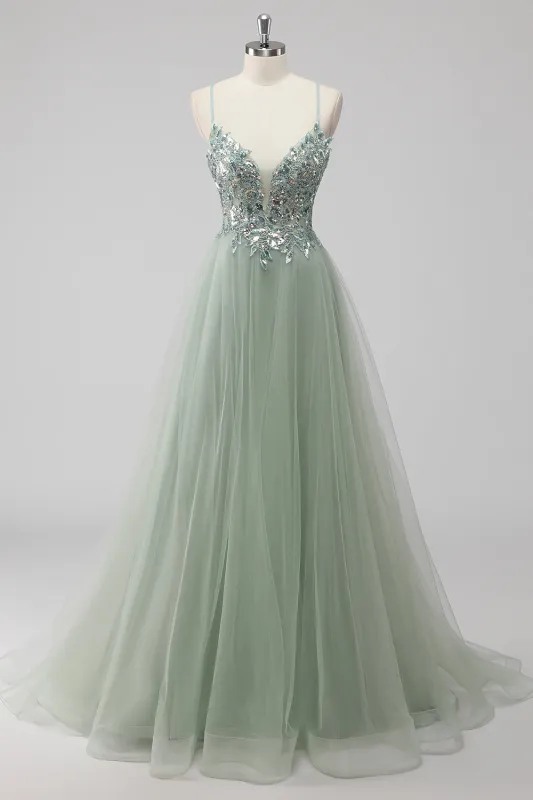 Green Sequin A Line Tulle Long Prom Dress with Lace up Back sold by Zapaka