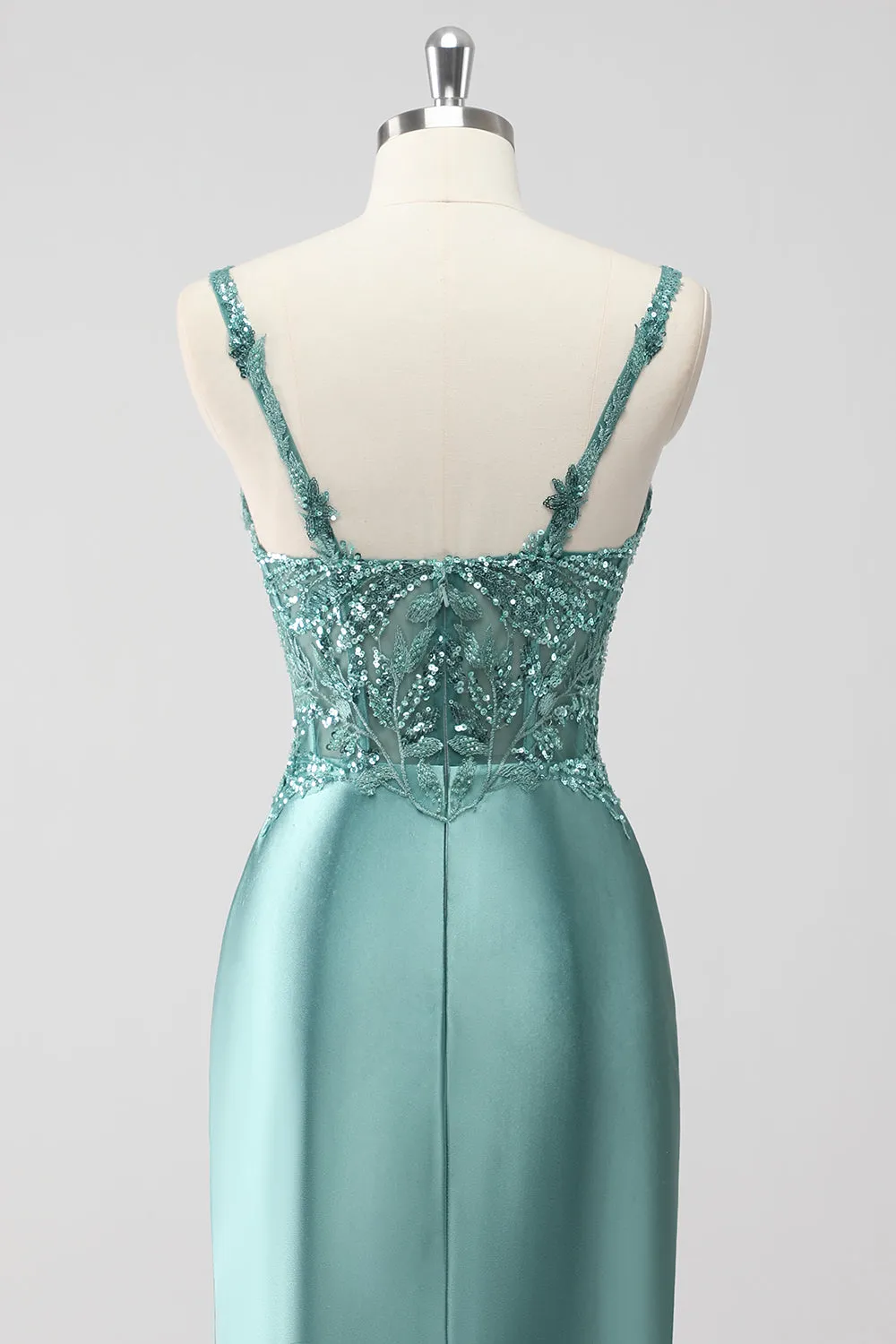 Green Sequin Mermaid Satin Ruched Long Prom Dress with Slit sold by Zapaka product image thumbnail 5