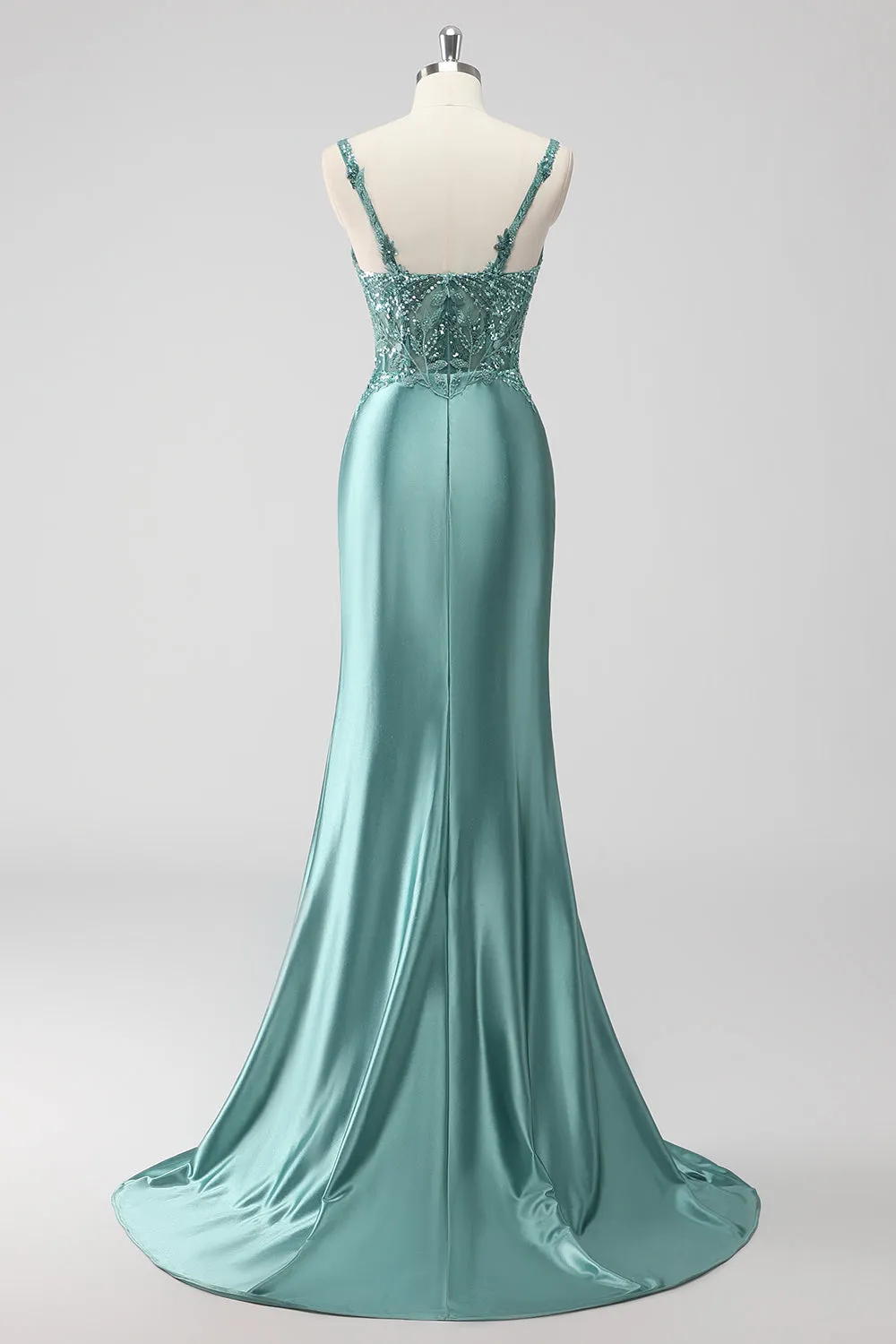 Green Sequin Mermaid Satin Ruched Long Prom Dress with Slit sold by Zapaka product image thumbnail 2