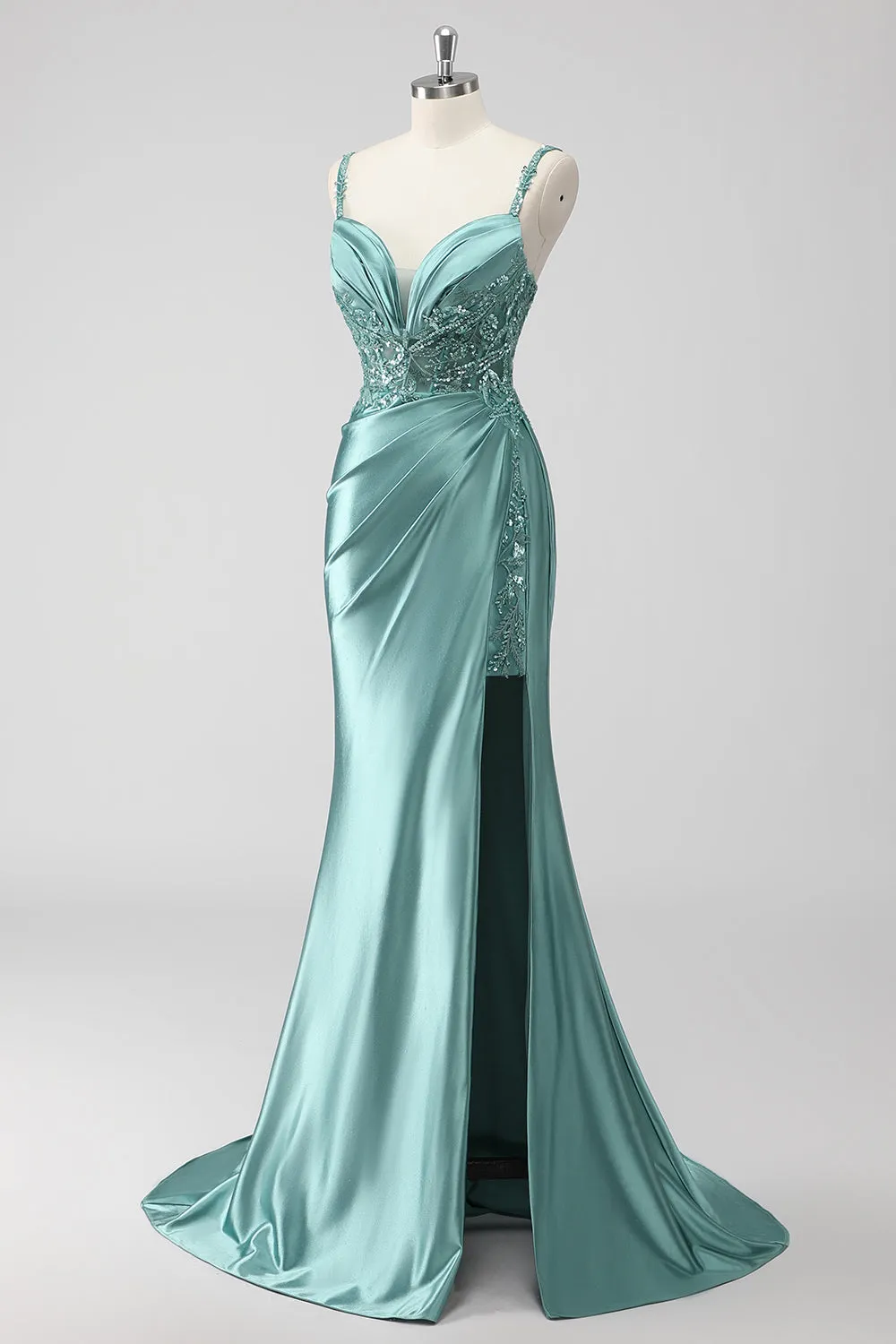 Green Sequin Mermaid Satin Ruched Long Prom Dress with Slit sold by Zapaka product image thumbnail 3
