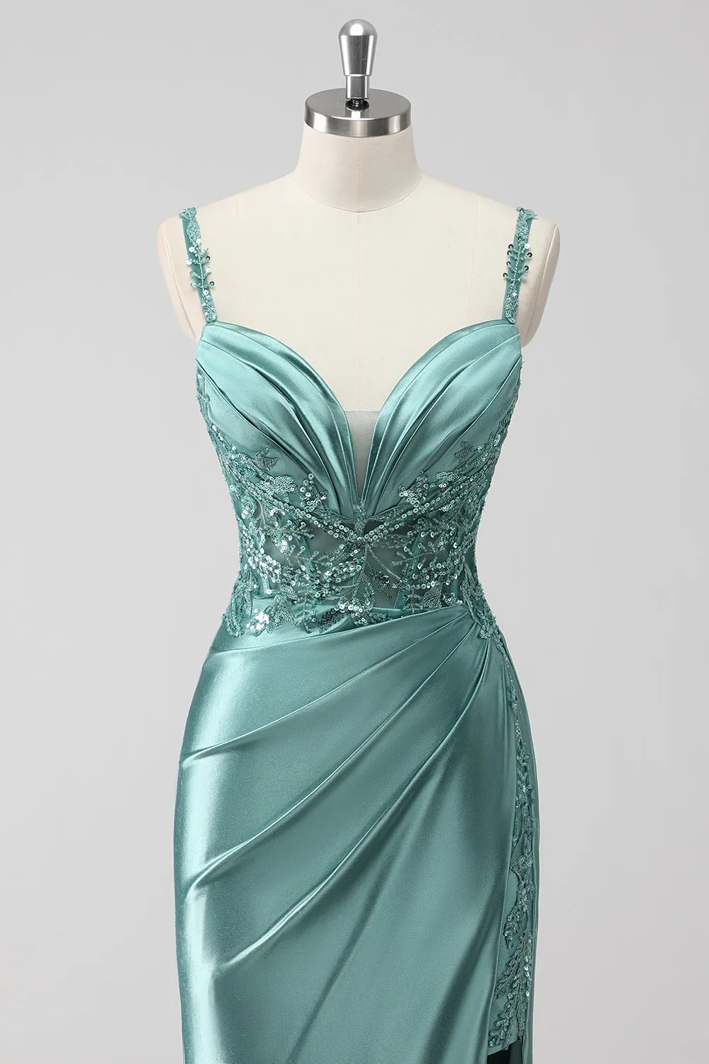 Green Sequin Mermaid Satin Ruched Long Prom Dress with Slit sold by Zapaka product image thumbnail 4