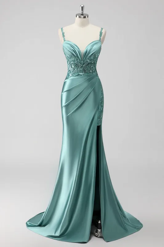Green Sequin Mermaid Satin Ruched Long Prom Dress with Slit sold by Zapaka