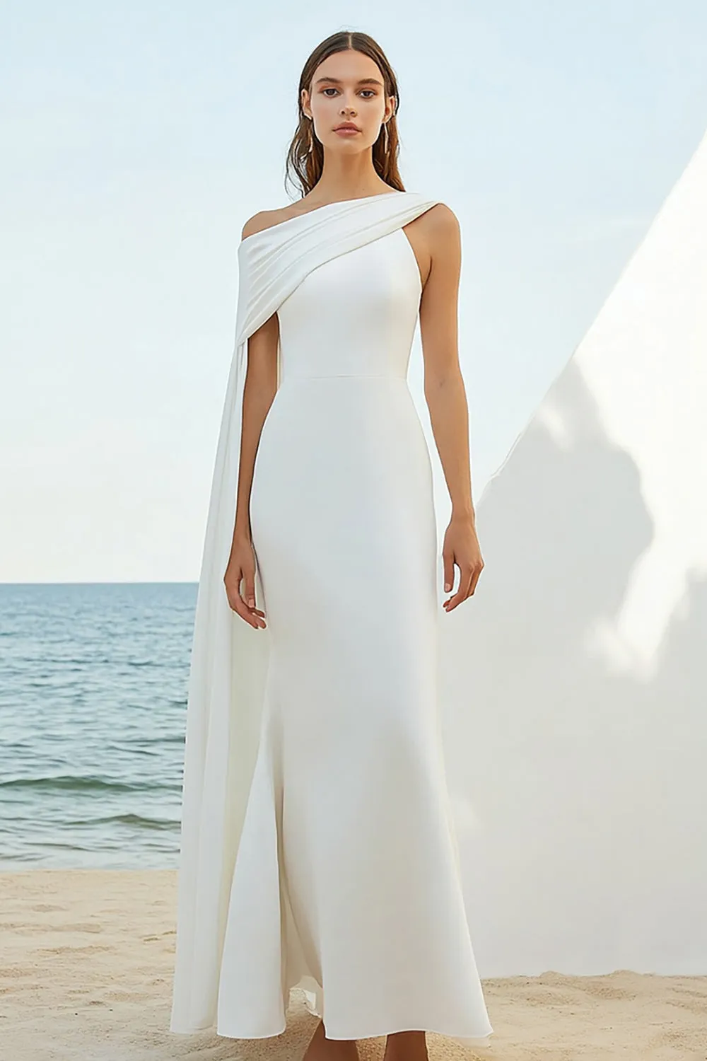White Sheath One Shoulder Long Formal Dress with Cape sold by Zapaka