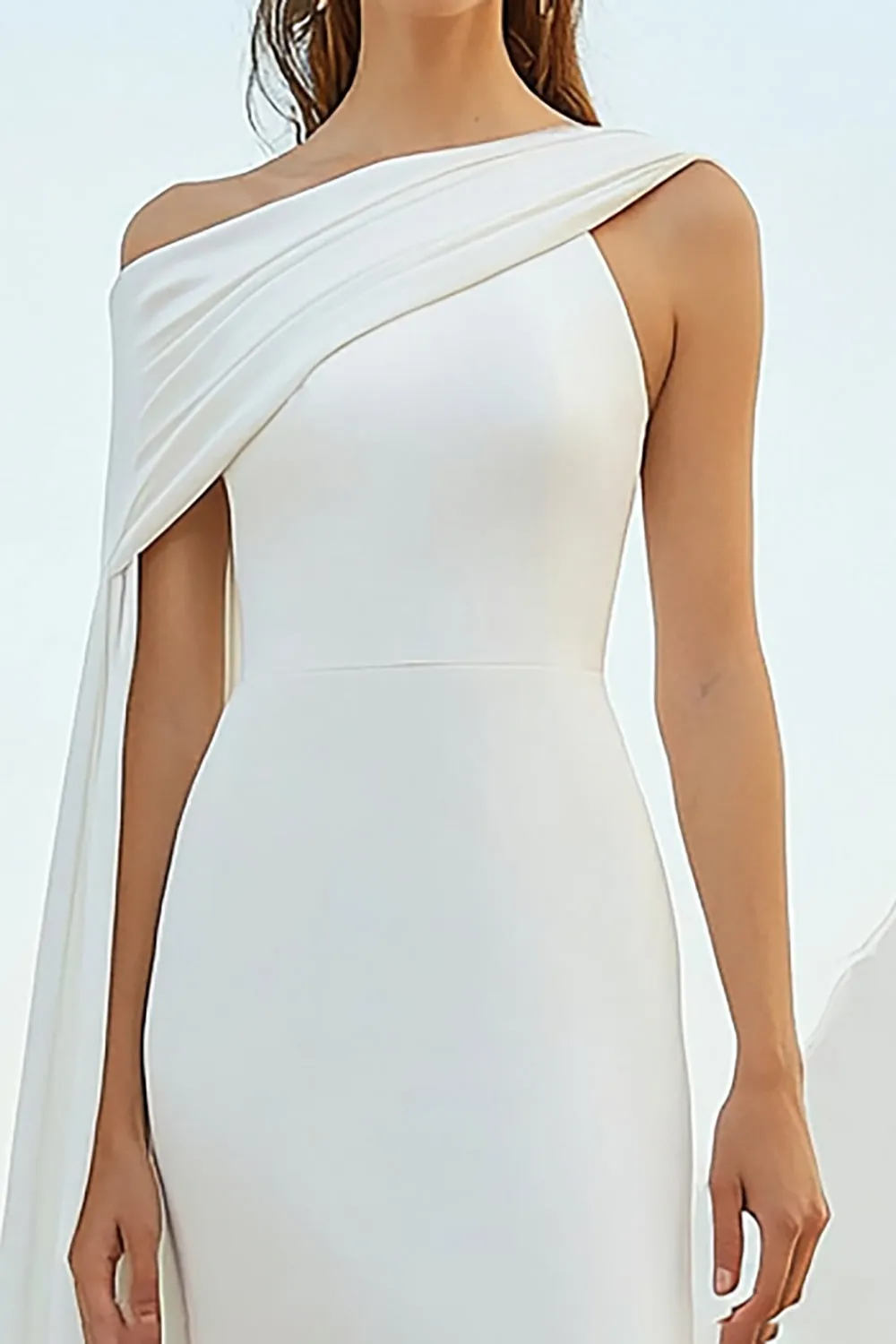 White Sheath One Shoulder Long Formal Dress with Cape sold by Zapaka product image thumbnail 2