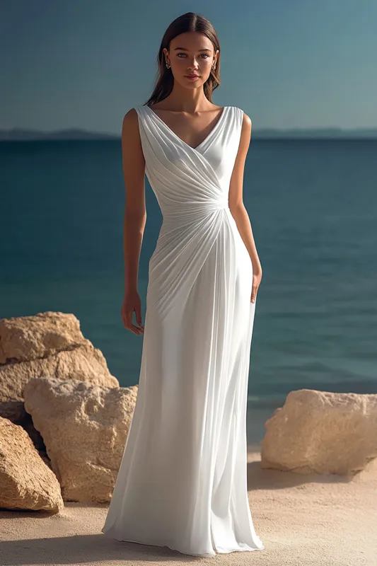 Elegant White Ruched V Neck Chiffon Beach Dress sold by Zapaka