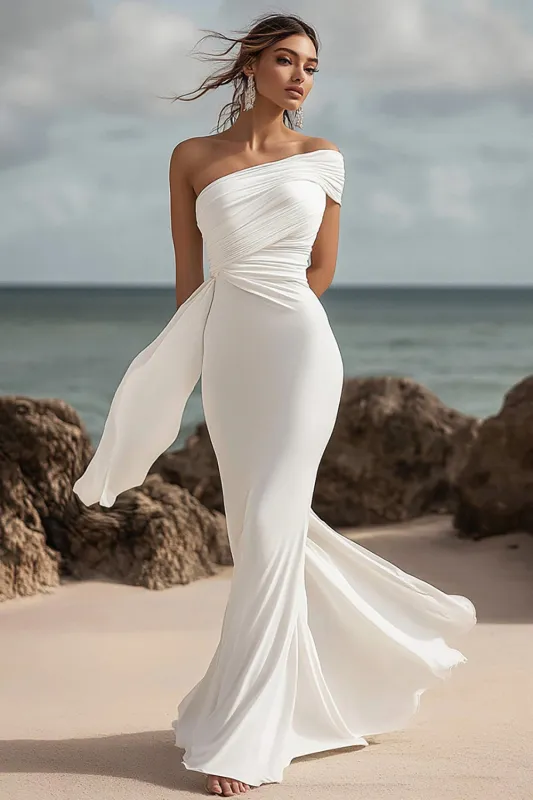 White One Shoulder Ruched Mermaid Long Formal Dress sold by Zapaka