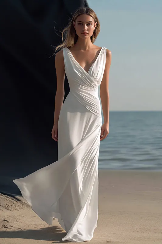 White V Neck Sheath Ruched Long Boho Beach Dress sold by Zapaka
