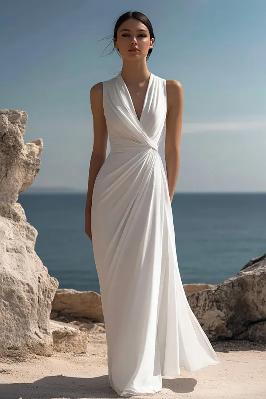 White V Neck Ruched Long Formal Dress sold by Zapaka