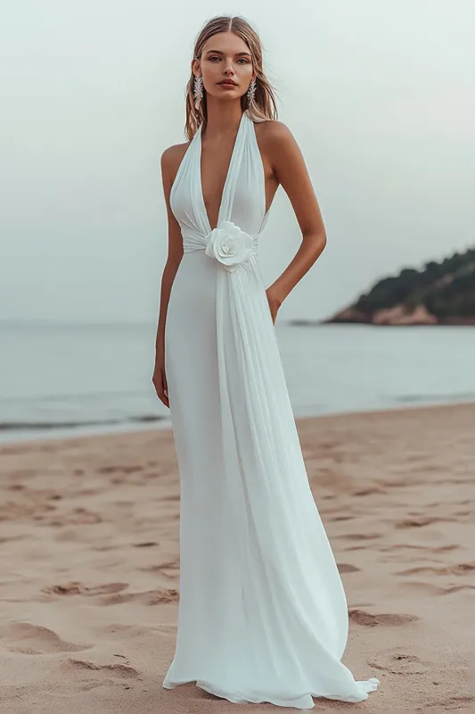 White Sheath Halter Ruched Long Formal Dress with Flower sold by Zapaka