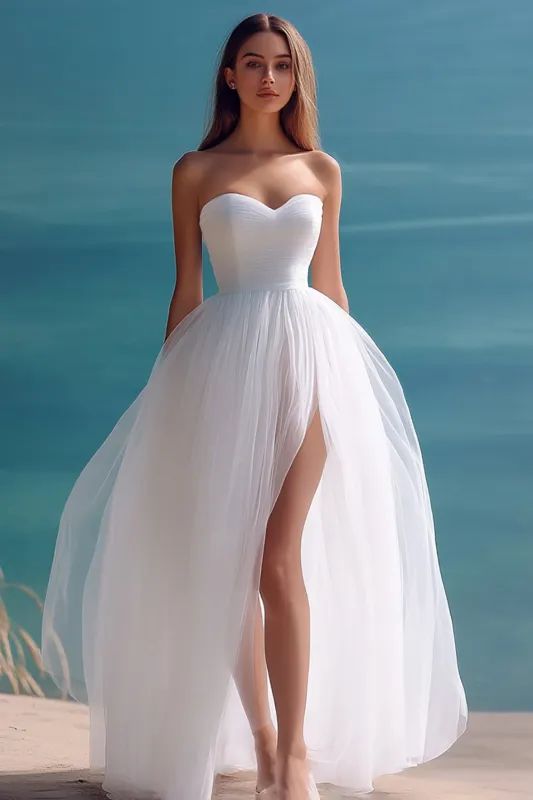 White A-Line Strapless Tulle Long Beach Dress with Slit sold by Zapaka
