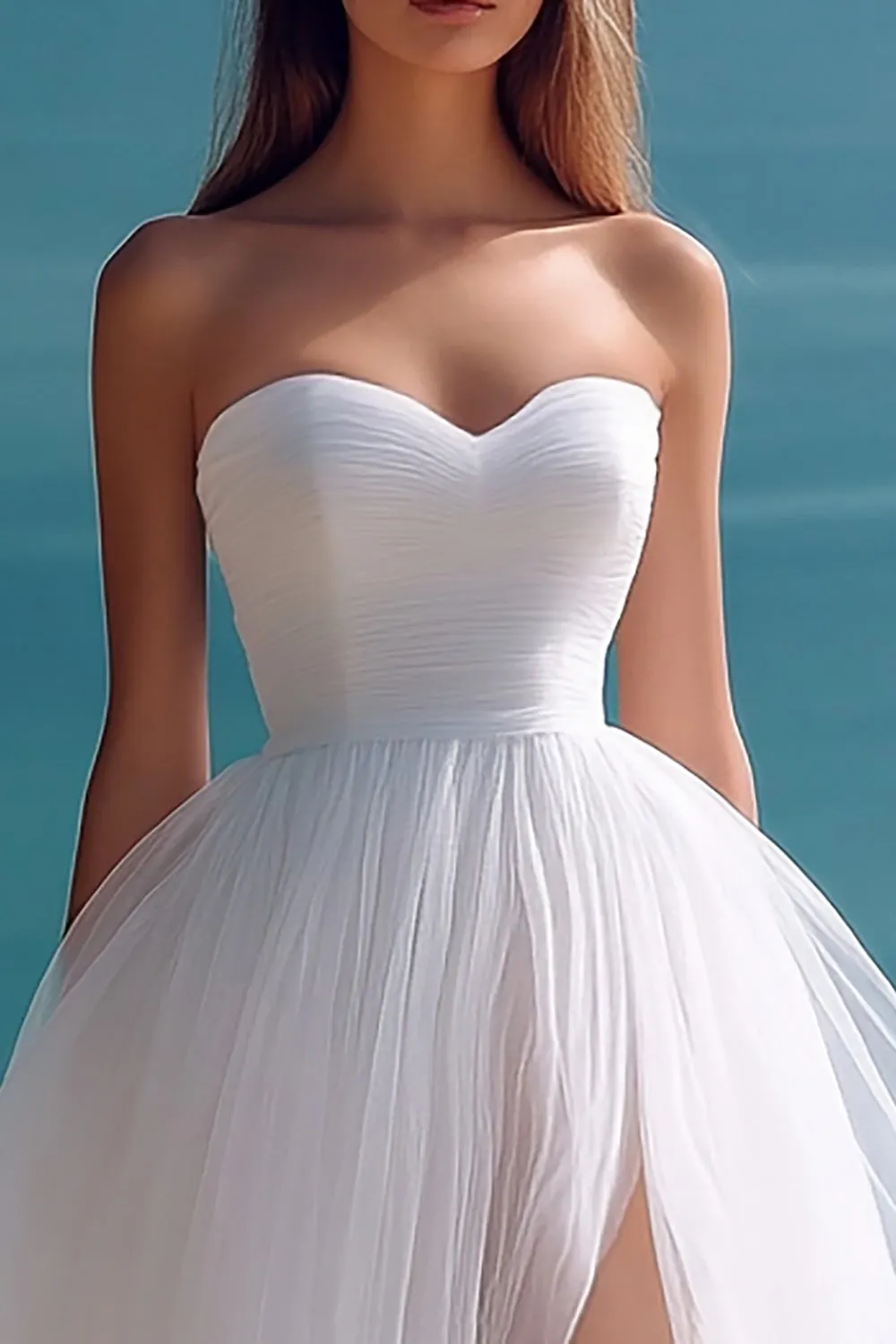 White A-Line Strapless Tulle Long Beach Dress with Slit sold by Zapaka product image thumbnail 2