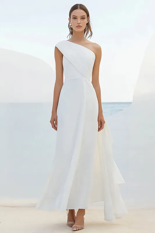 White Sheath One Shoulder Formal Dress with Ruffles sold by Zapaka