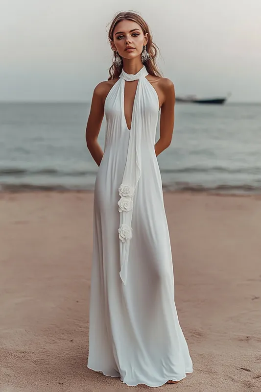 Elegant White V Neck Chiffon Long Beach Dress sold by Zapaka