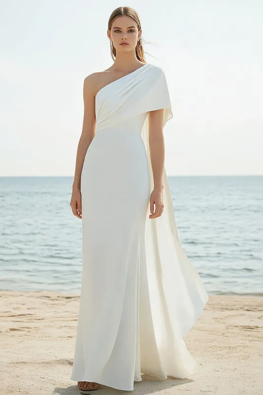 White One Shoulder Cape Sheath Satin Long Formal Dress sold by Zapaka