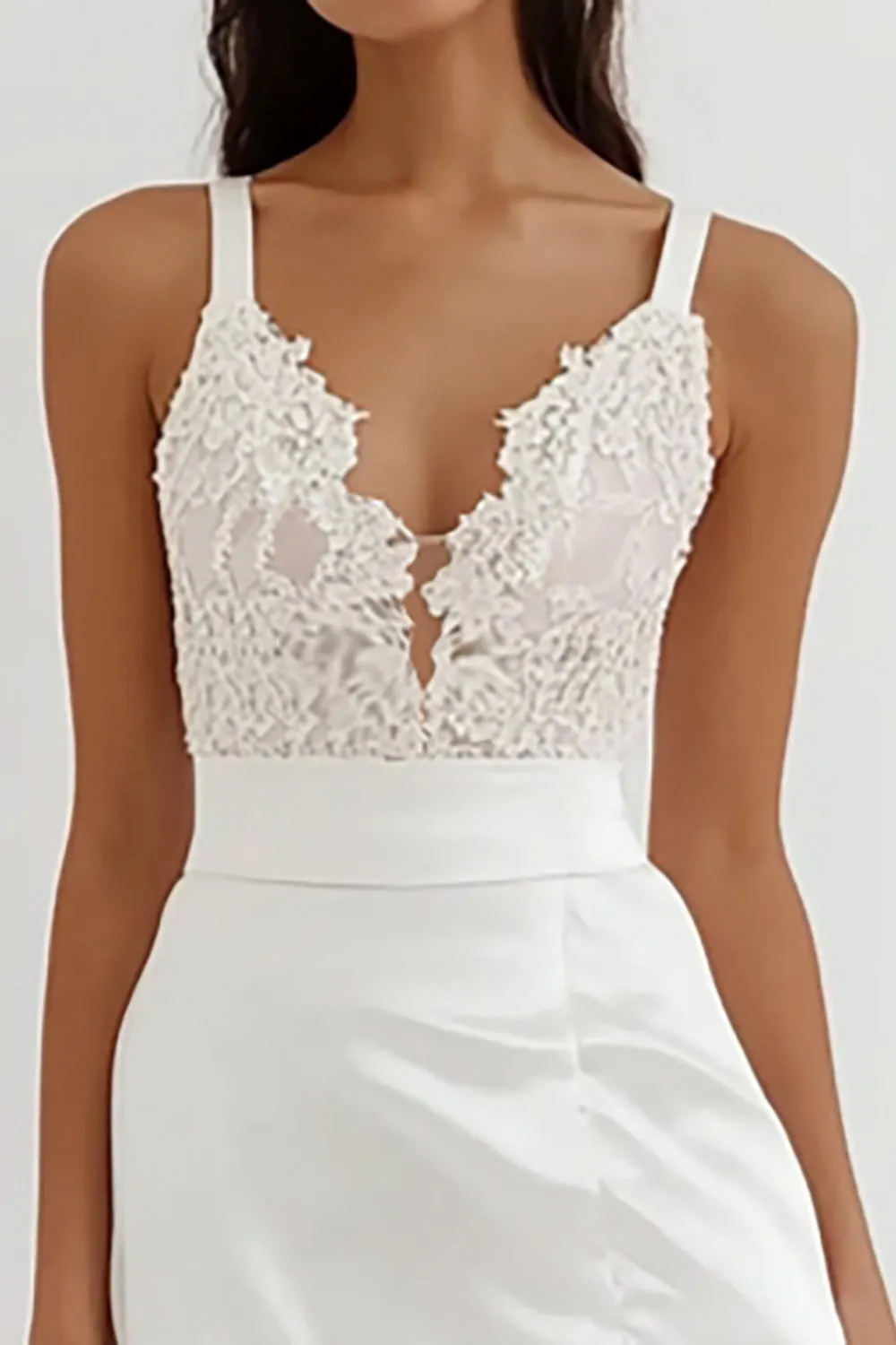 White Lace Satin Spaghetti Straps A Line Formal Dress sold by Zapaka product image thumbnail 2