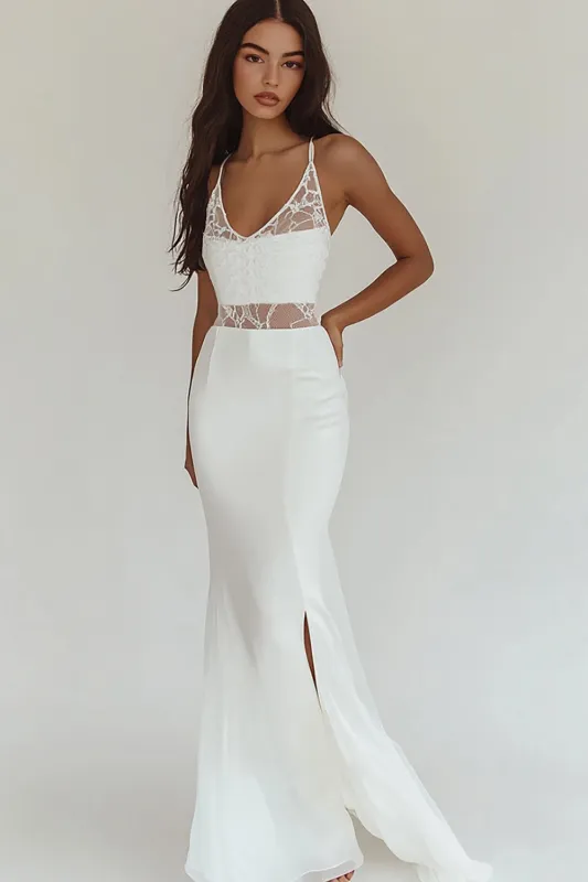 White Lace Mermaid Formal Dress with Slit sold by Zapaka