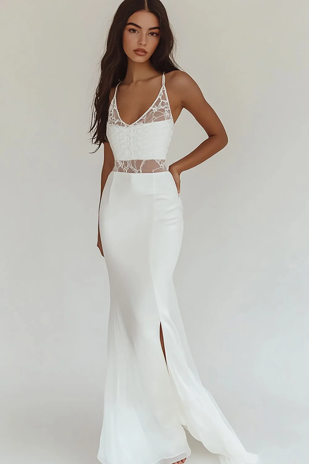 White Lace Mermaid Formal Dress with Slit sold by Zapaka