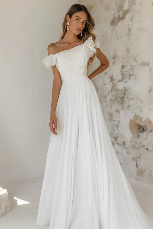 Off the Shoulder A Line Ruched Boho White Dress sold by Zapaka