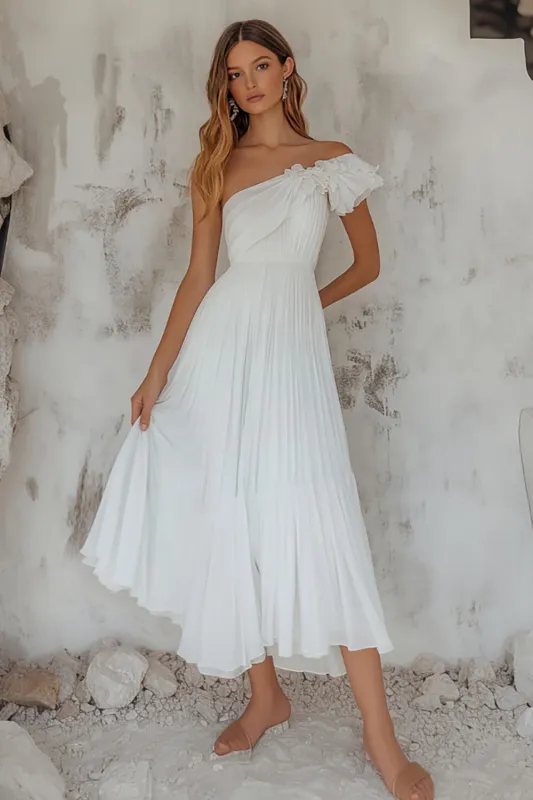 One Shoulder Pleated A Line Boho White Dress sold by Zapaka