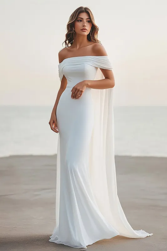 White Mermaid Off the Shoulder Long Wedding Dress with Cape sold by Zapaka