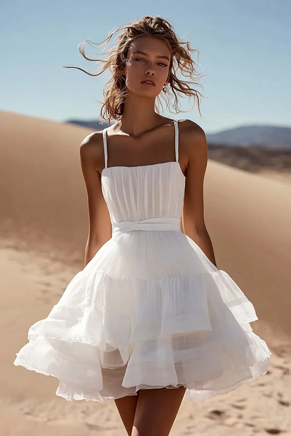 A-Line Spaghetti Straps Ruffles Organza Little White Graduation Dress sold by Zapaka