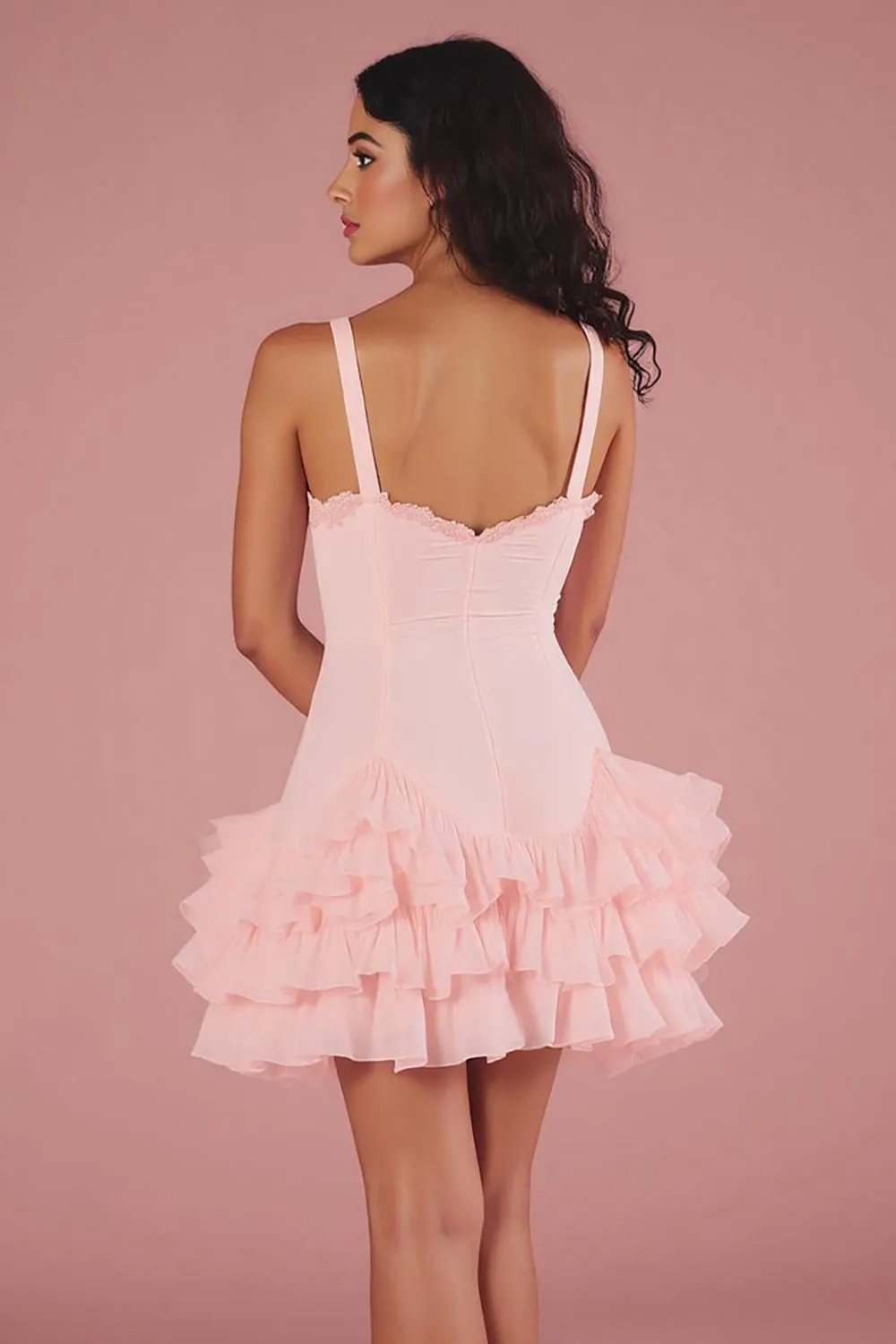 Pink Ruffled Spaghetti Straps A Line Graduation Dress sold by Zapaka product image thumbnail 2