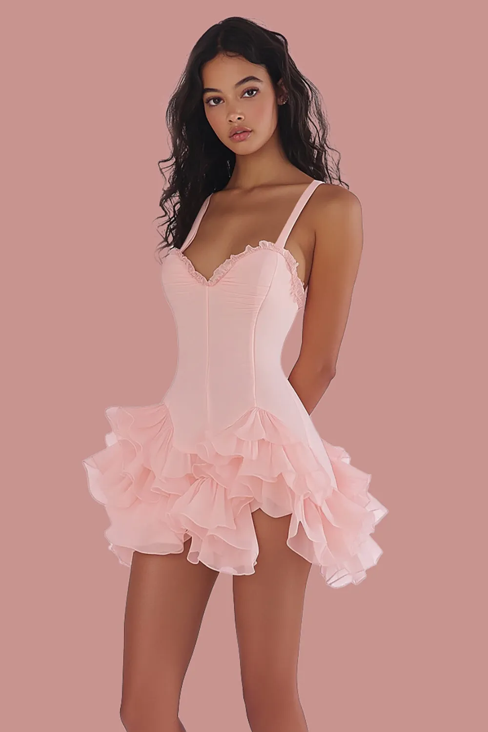 Pink Ruffled Spaghetti Straps A Line Graduation Dress sold by Zapaka