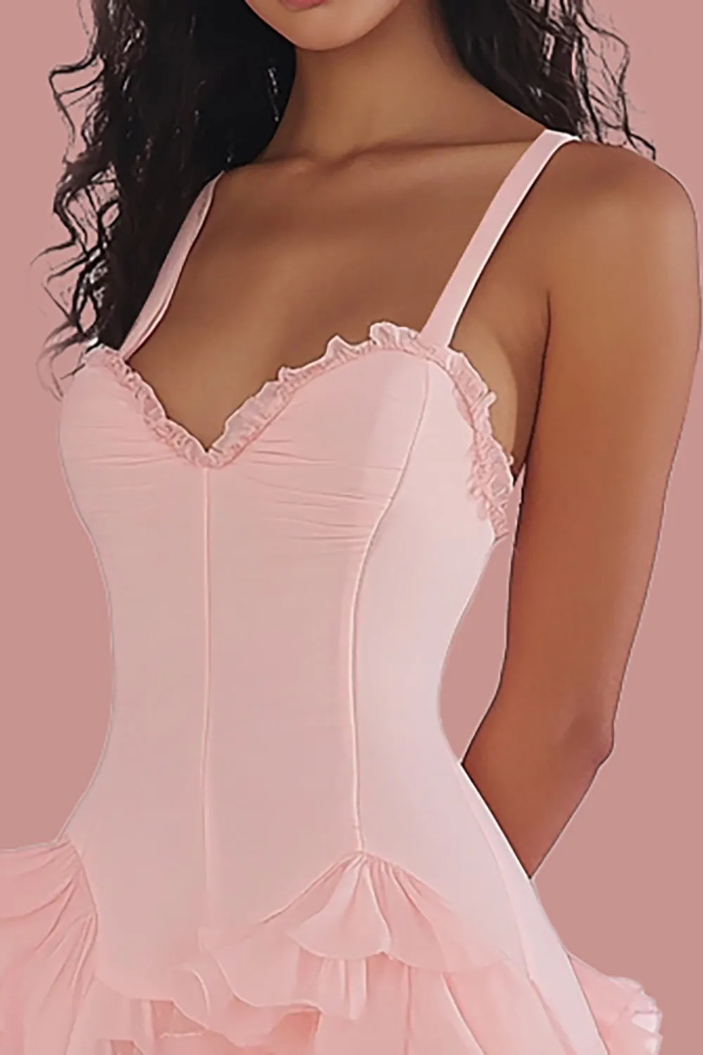 Pink Ruffled Spaghetti Straps A Line Graduation Dress sold by Zapaka product image thumbnail 3
