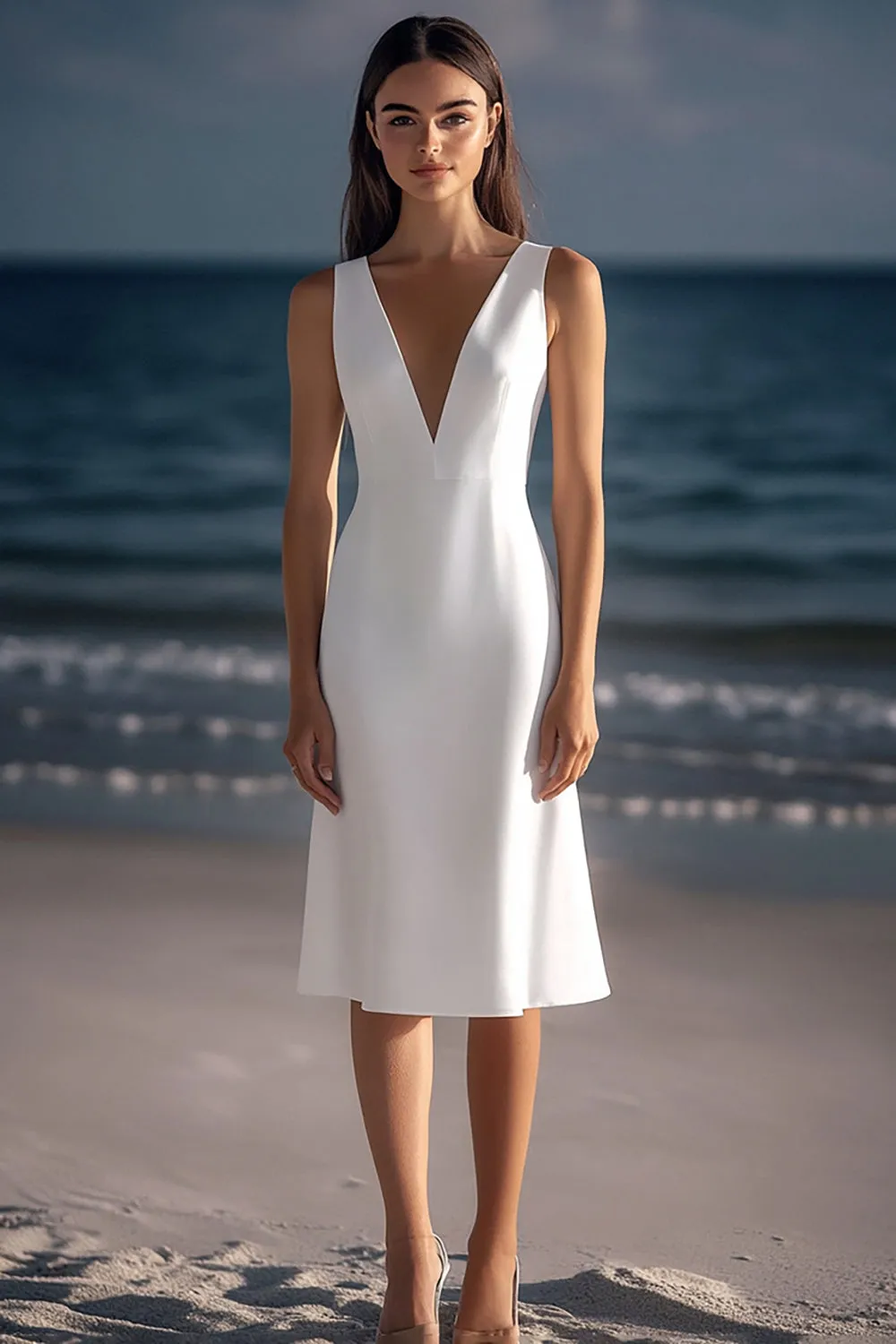 White V Neck Satin Sheath Knee Length Graduation Dress sold by Zapaka