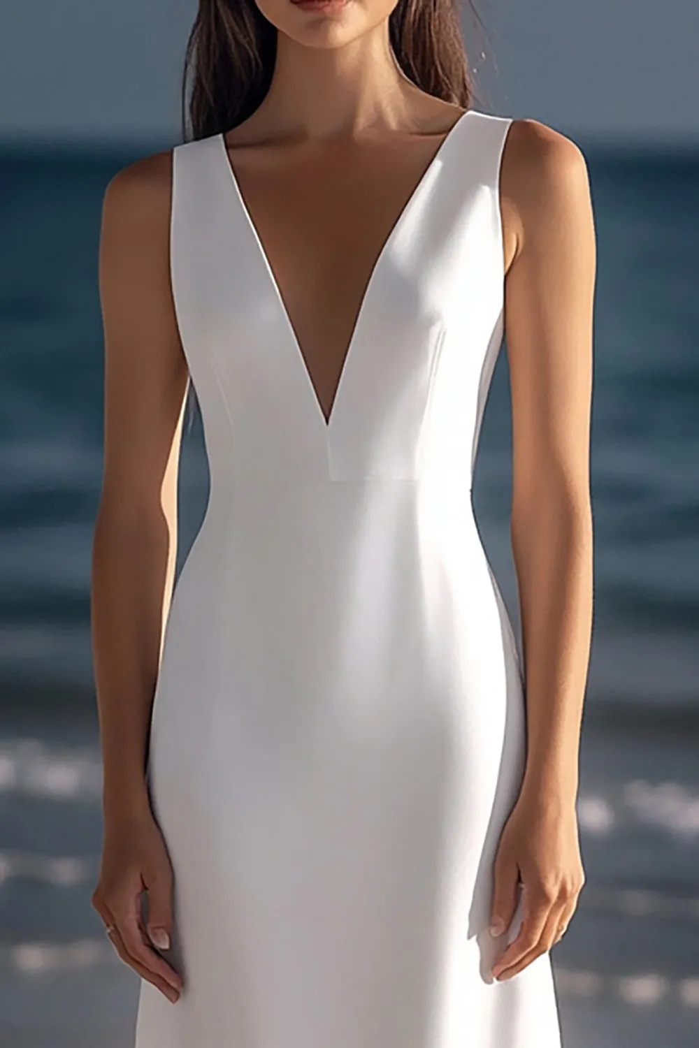 White V Neck Satin Sheath Knee Length Graduation Dress sold by Zapaka product image thumbnail 2