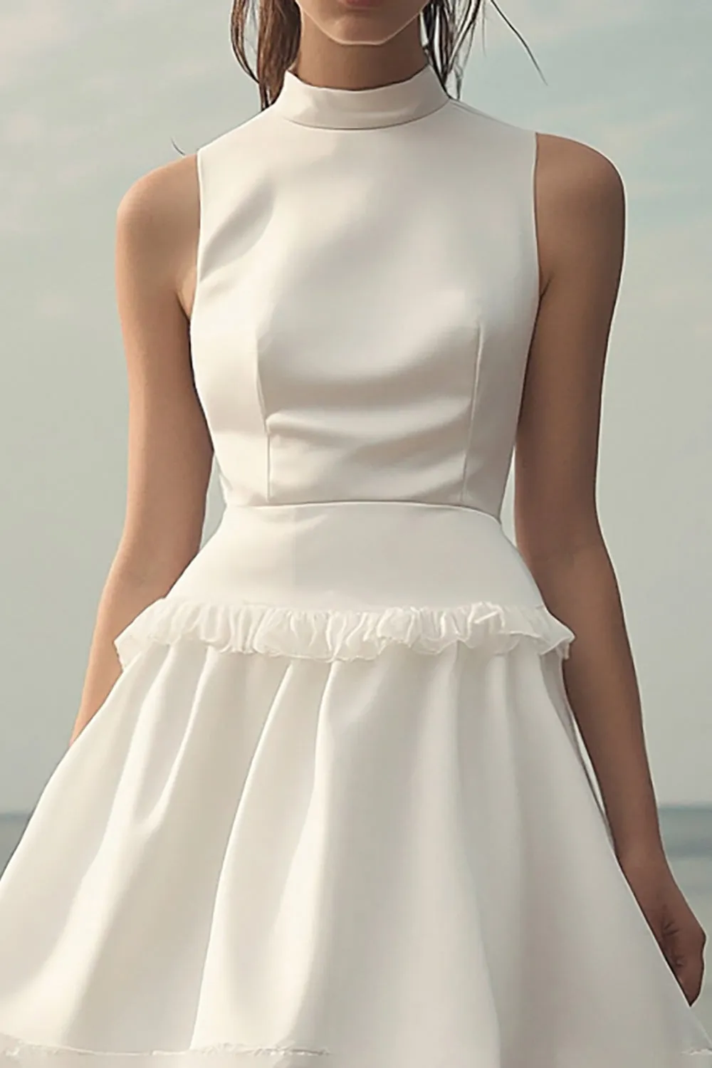 White Ruffle High Neck A Line Short Graduation Dress sold by Zapaka product image thumbnail 2