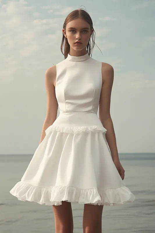 White Ruffle High Neck A Line Short Graduation Dress sold by Zapaka