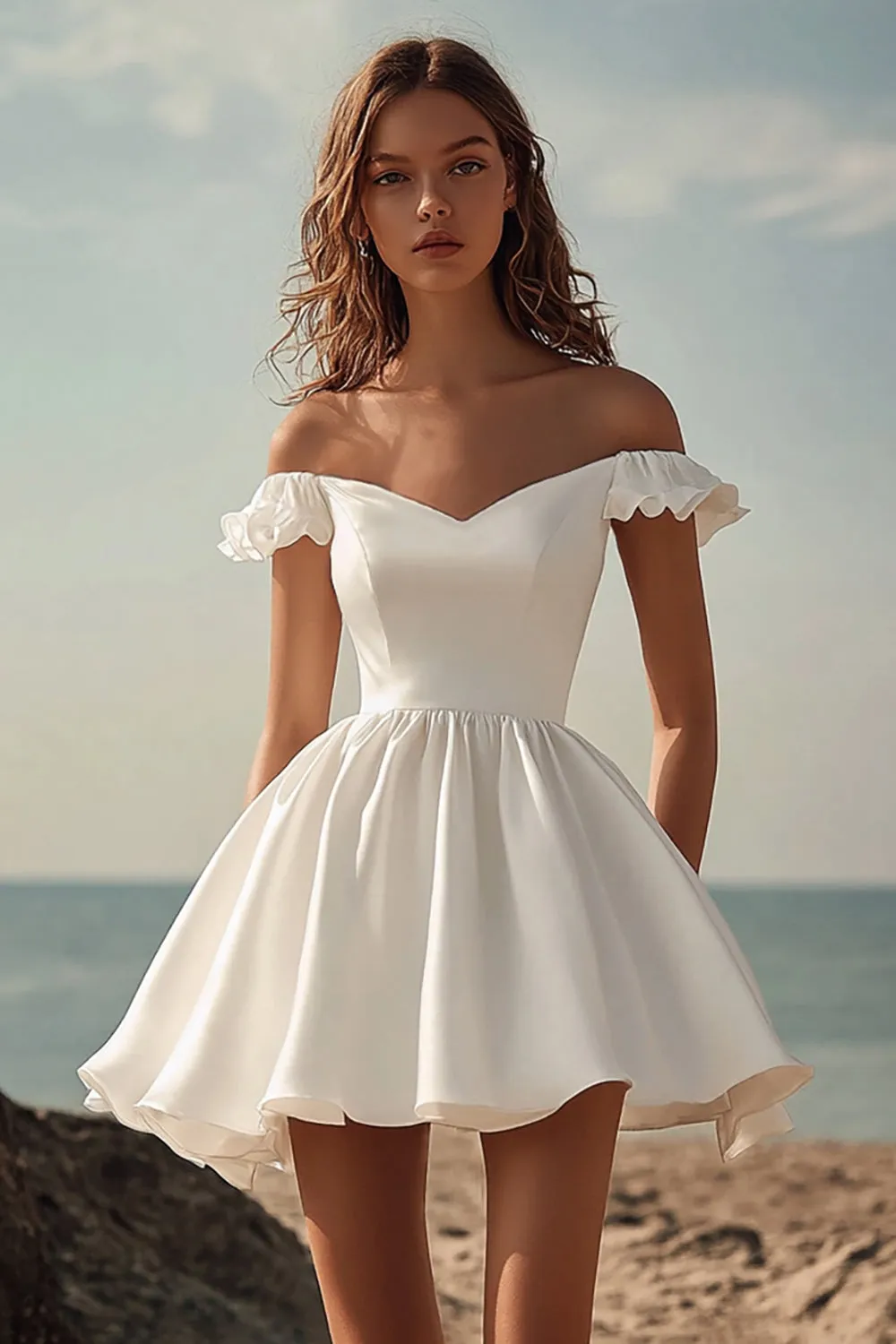 Off the Shoulder Ruffle White Graduation Dress sold by Zapaka