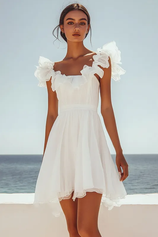 White A-Line Ruffled Neck Chiffon Short Graduation Dress sold by Zapaka